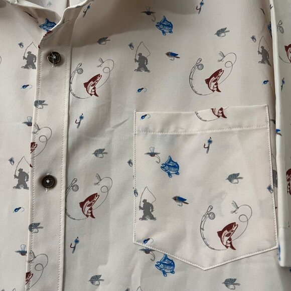Straight Down Beige Fishing Salmon Lyre Print Short Sleeve Button Shirt XL - Picture 3 of 7